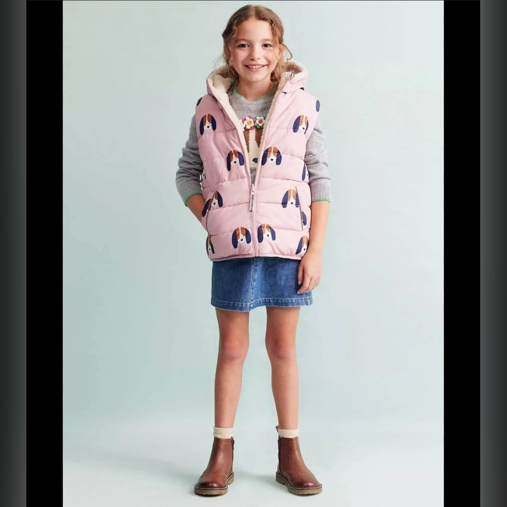 Girl's MINI Boden Reversible Borg Gilet-Vintage Pink Pups NWOT Sz 12/13